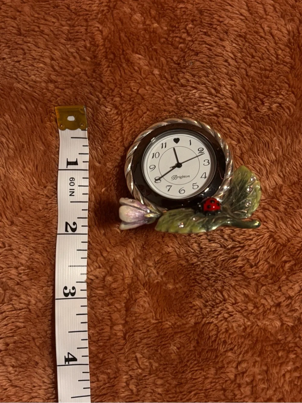 Brighton marvels ladybug flower mini desk clock crystals silver enamel